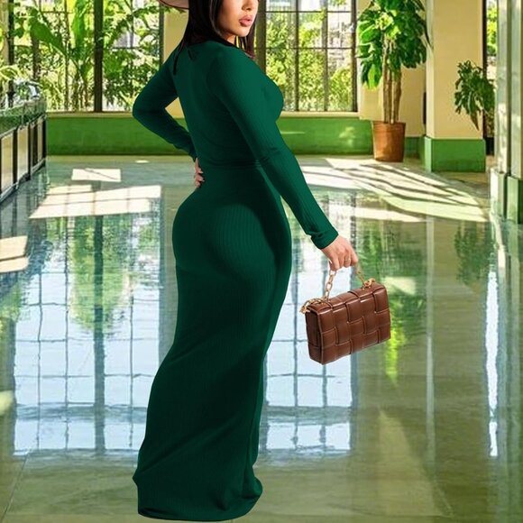 Women's Plus Size Deep V Neck Maxi Dress Ribbed Long Sleeve Clubwear - Picture 2 of 8